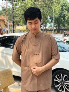 LTụ Thêu Túi Áo Tay Ngắn# Quần Áo Nam Đi Chùa