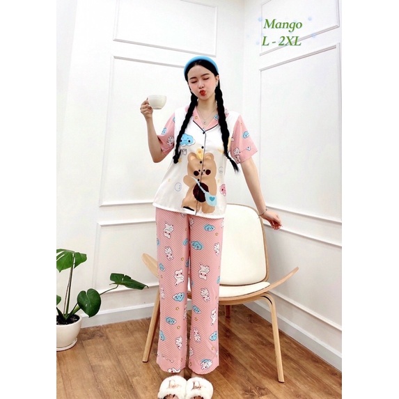 Đồ Bộ Pizama Lụa Mango Mềm Mát - Bộ Mặc Nhà Quần Dài Tay Ngắn Có Size 50-75kg