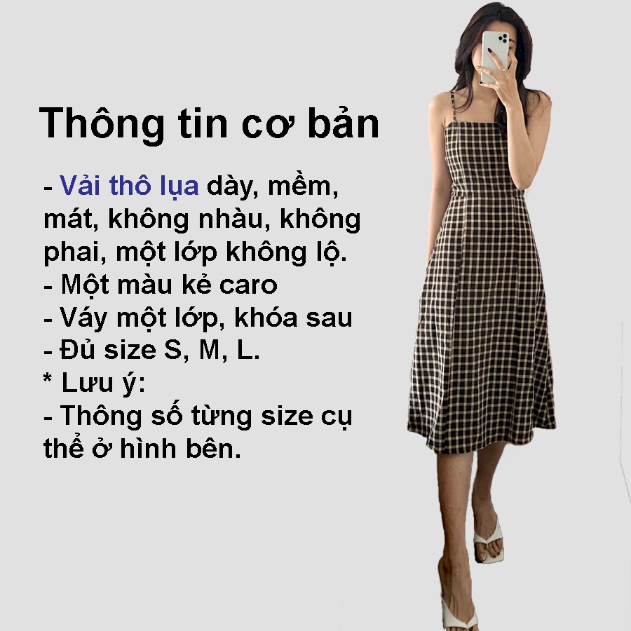 Váy 2 dây dáng dài đi biển Gorogi, váy body 2 dây kẻ caro, váy hai dây ôm thiết kế, maxi đi biển