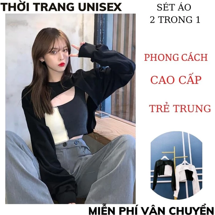 Sét áo croptop khoét ngực kèm áo 3 lỗ phối màu, set áo crt 2 món áo ngoài kèm áo trong chất da cá đẹp dầy mịn TT1989