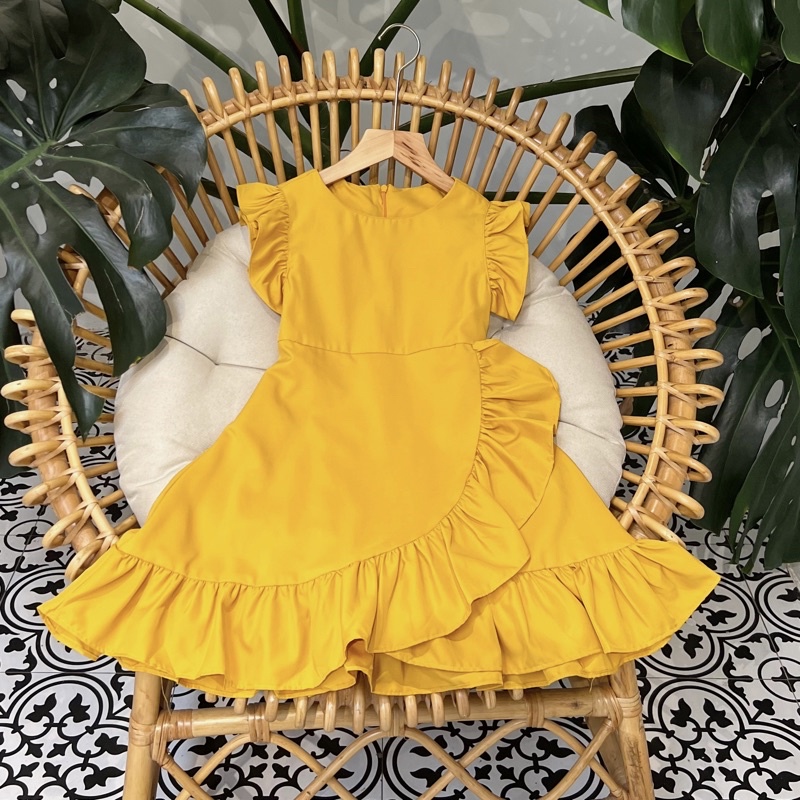 [XẢ KHO] Váy đầm bé gái Sunkid SN4 màu vàng tay áo cánh tiên dịu dàng cao cấp size trẻ em 4-12 tuổi