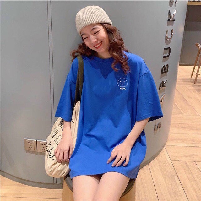 Áo thun unisex nữ tay lỡ dáng rộng freesize màu xanh trắng - Summer essentials