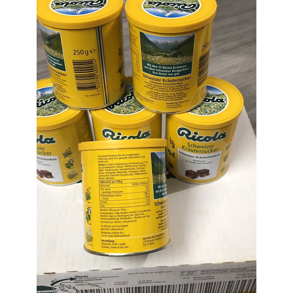 Kẹo thảo mộc Ricola 250gr của Đức - Giúp giúp làm dịu cơn đau họng