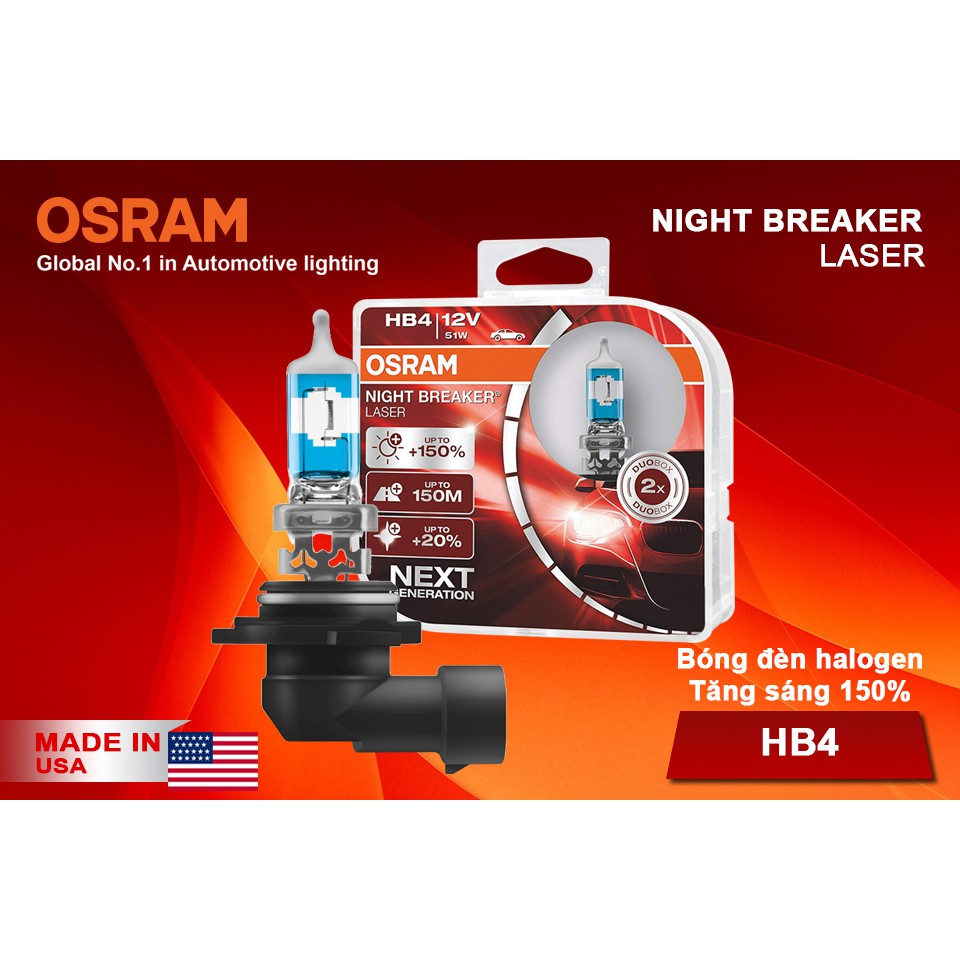 Combo 2 Bóng Đèn Halogen Tăng Sáng 150% OSRAM Night Breaker Laser HB4 12V 51W