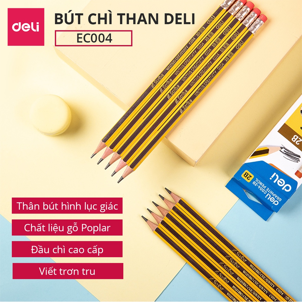 Bút Chì Gỗ HB 2B Có Tẩy Học Sinh Deli - Chì Đen Đậm Vẽ Tranh Tập Viết Làm Bài Kiểm Tra Nhạy Với Máy Chấm Thi Văn Phòng