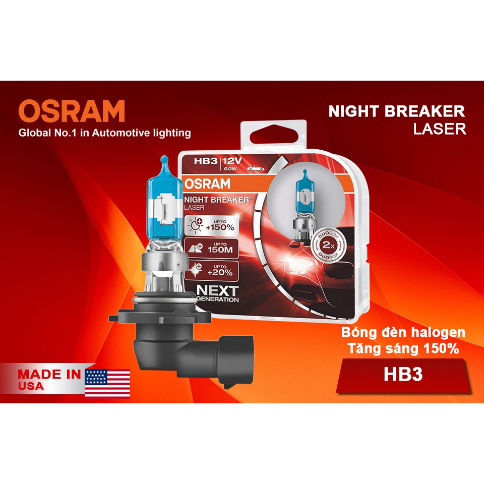 Combo 2 Bóng Đèn Halogen Tăng Sáng 150% OSRAM Night Breaker Laser HB3 12V 60W