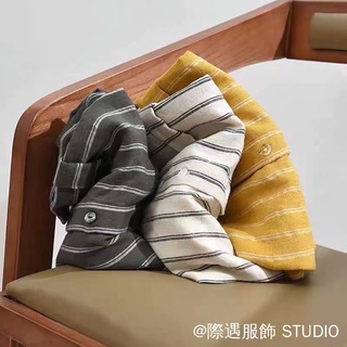 Áo sơ mi vải lanh sọc Nhật Bản 3 màu M-3XL Cổ đứng Áo sơ mi nửa tay Áo sơ mi vải lanh Cotton Áo sơ mi sọc dọc Áo sơ mi dáng rộng Áo sơ mi chui đầu