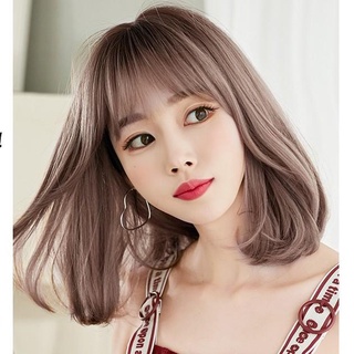 Tóc giả nữ nguyên đầu cao cấp nâu hồng, tóc ngang vai, cụp đuôi, mái thưa giống tóc thật Hamin