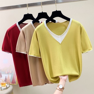 Quần áo nữ ngắn tay ngắn 2022 Quần áo nữ mùa hè hợp thời trang Ice Silk Phong cách phương Tây Áo dệt kim dáng rộng phiên bản ngắn Áo thun nữ hàng đầu