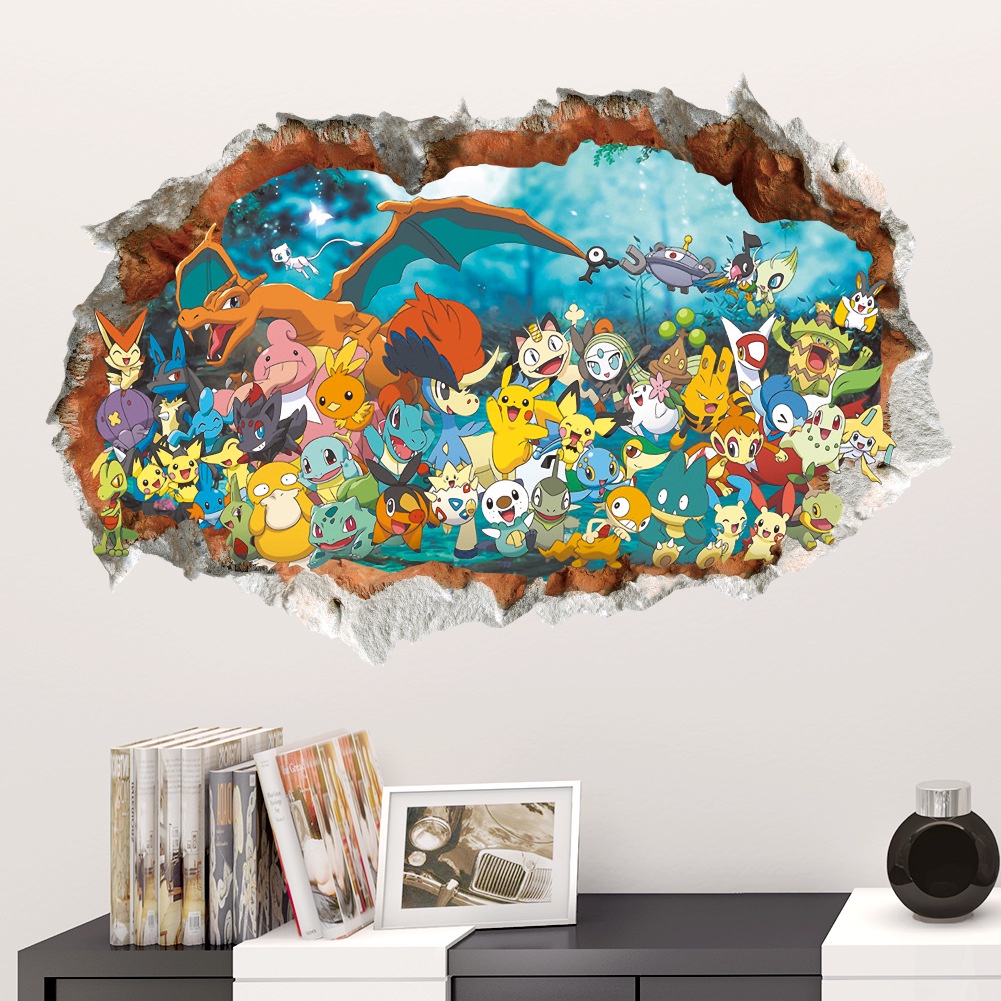 PS1 Pokemon anime Hoạt Hình Trẻ Em Phòng Ngủ Trang Trí Tường Graffiti Miếng Dán Pikachu 3d Lập Thể HD Dán SP1