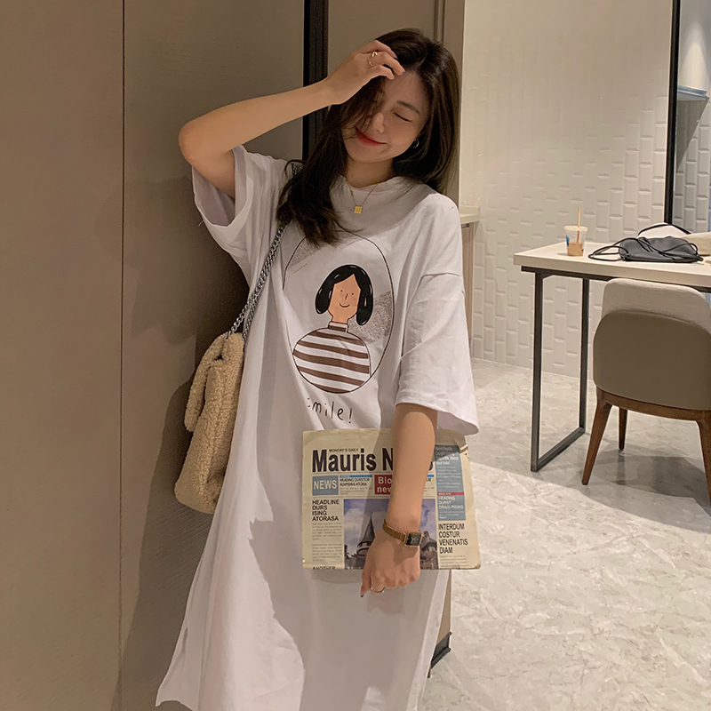 SUXI Đầm midi ngắn tay cổ tròn in họa tiết xinh xắn theo phong cách Hàn Quốc