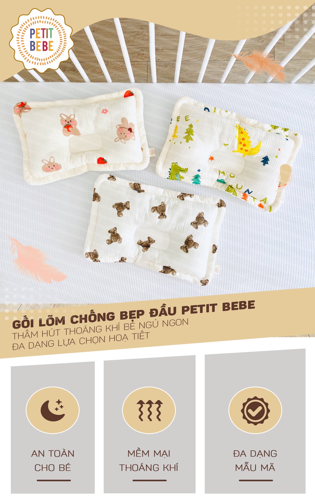 Mô tả Gối lõm chống bẹp đầu chữ nhật PETIT BEBE muslin thấm hút thoáng khí cho bé từ 3 tháng tuổi - 1
