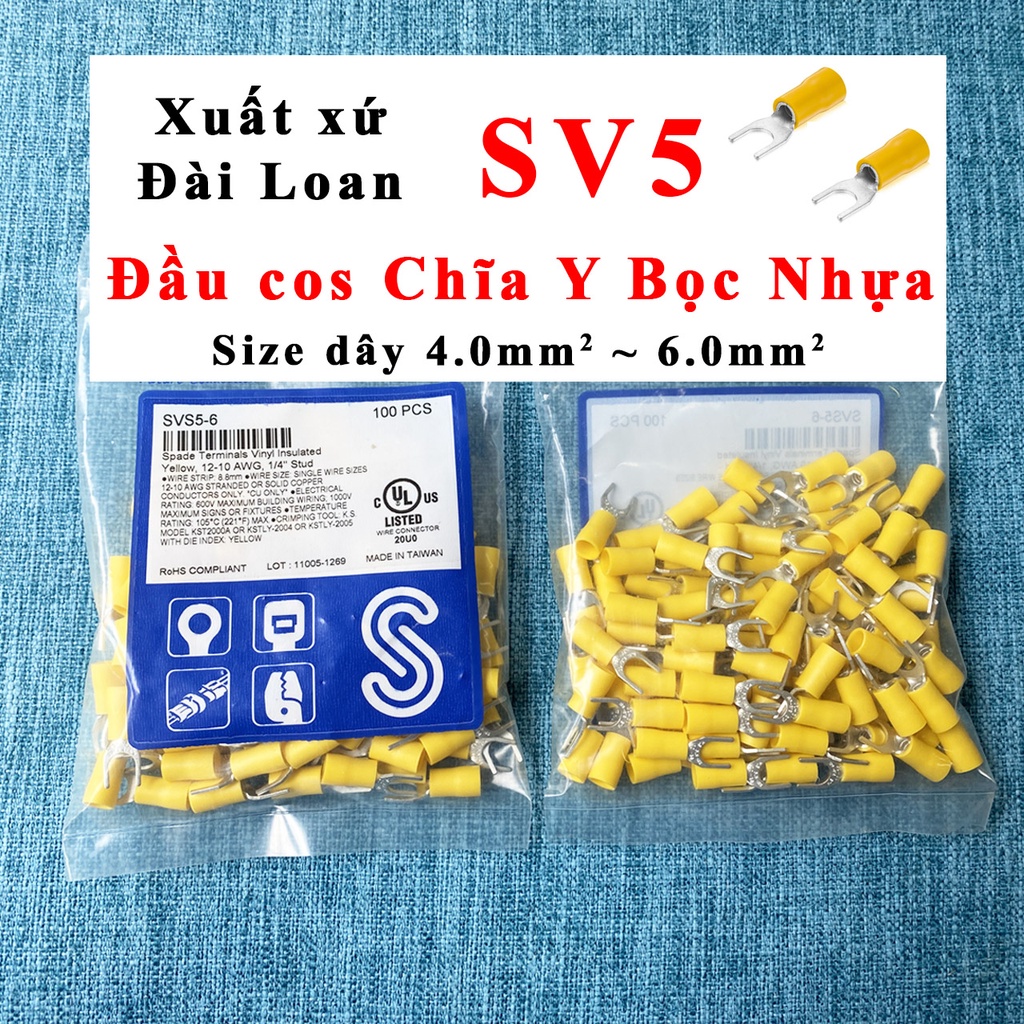 Đầu cos chĩa SV5 Đài Loan - Đầu cos chữ Y có bọc nhựa cứng - Dây 4mm2 ...
