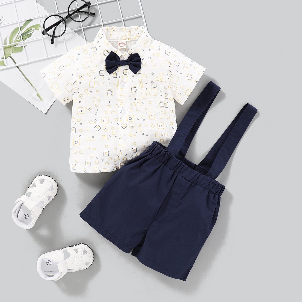 Set đồ mùa hè 2 món MIKRDOO gồm áo sơ mi tay ngắn cổ Peter Pan và quần có dây đeo cho bé trai 0-2 tuổi