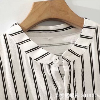 Áo sơ mi vải lanh sọc Nhật Bản 3 màu M-3XL Cổ đứng Áo sơ mi nửa tay Áo sơ mi vải lanh Cotton Áo sơ mi sọc dọc Áo sơ mi dáng rộng Áo sơ mi chui đầu