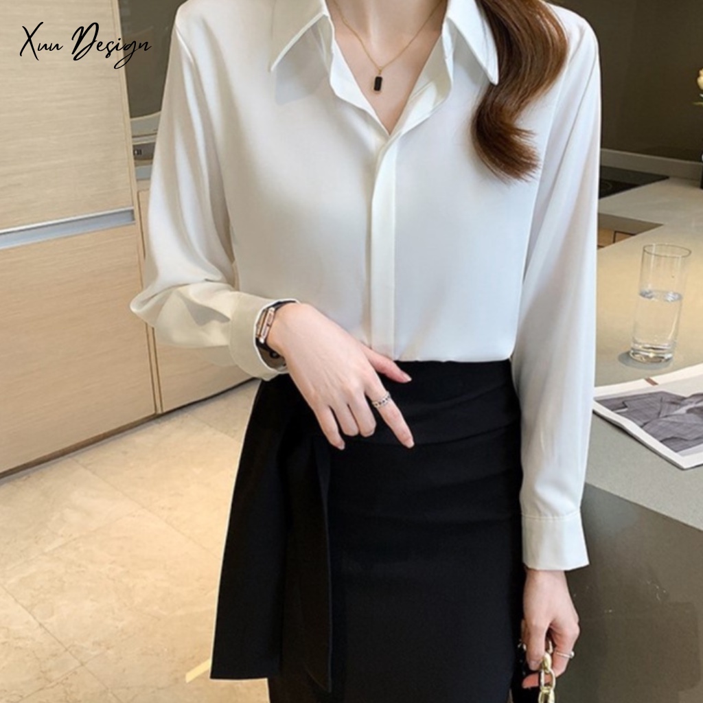 Áo sơ mi nữ thiết kế công sở Hàn quốc chất vải Lụa Hàn mềm mịn Xuu-SM01SP | BigBuy360 - bigbuy360.vn