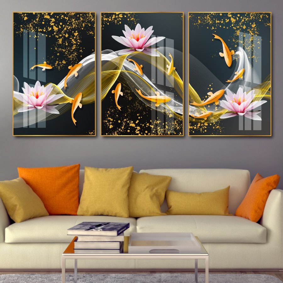 Bộ 3 tấm tranh treo tường tráng gương Lala khổ 40x60cm cá chép vàng và hoa sen hồng trang trí phòng ngủ kèm đinh 3 chân