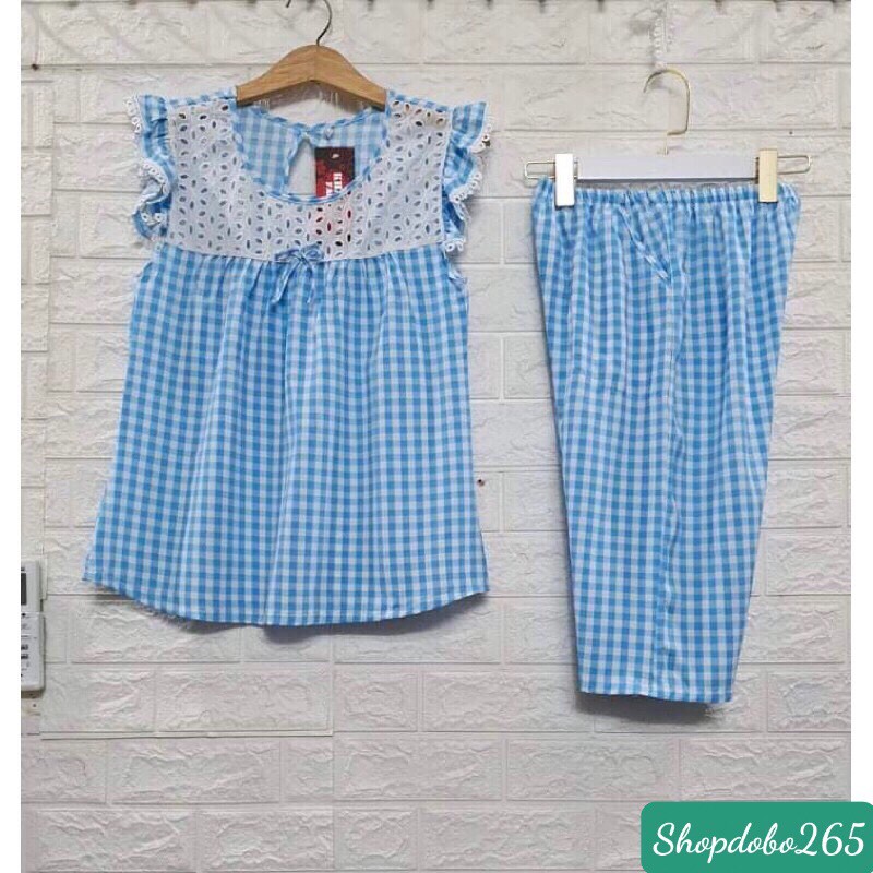 Đồ bộ nữ,đồ ngủ mặc nhà lửng vải lụa họa tiết caro phối ren siêu cưng size 45-65kg