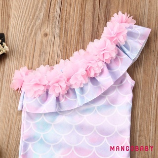 Bộ đồ tắm một mảnh MG-Baby Girls, Đồ bơi in vảy cá không tay, Đồ bơi đường viền cổ hoa xếp nếp