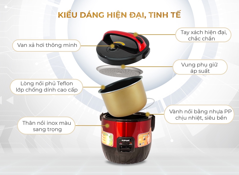 Mô tả Nồi cơm điện KIPOR KP-N6518 - 1.8L - Dung tích lớn, chống dính TEFLON 3mm 1Kg - Bảo hành tại nhà 12 tháng - 7