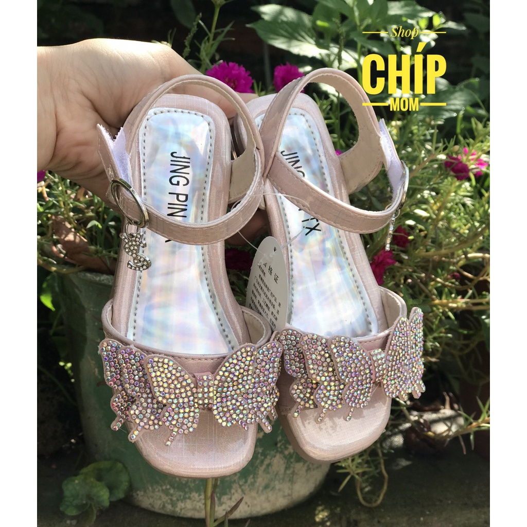 sandal bé gái dép quai hậu cho bé nơ đá sang chảnh cao gót đế dẻo da PU mềm không đau chân thời trang hè mẫu mới 8107
