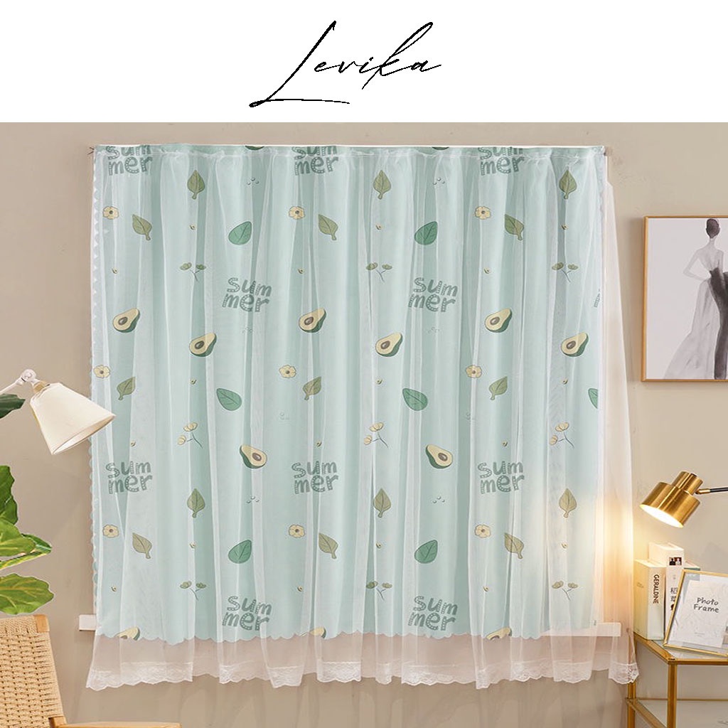 Ảnh Rèm cửa dán tường Levika xanh dịu lá Bơ hoạt tiết chữ tươi mát, không cần khoan đục giá rẻ 1