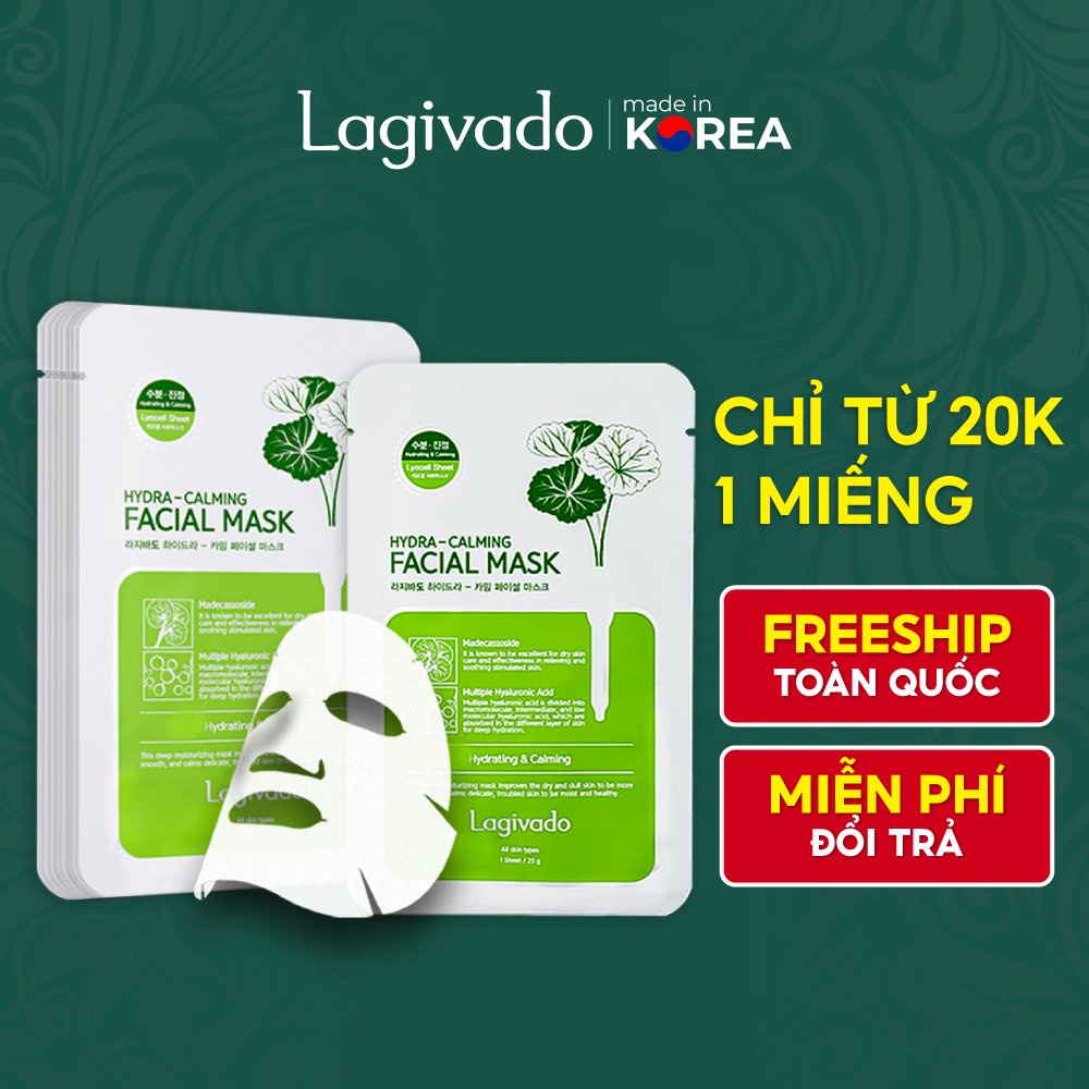 Facial Mask Lagivado - Combo 10 mặt nạ dưỡng da giảm dầu và mụn rau má Hàn Quốc dạng giấy 23g/miếng