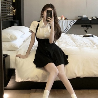 Set Áo Thun Ngắn Tay Cổ Bẻ + Chân Váy Yếm Phong Cách Hong Kong Thời Trang Mùa Hè Mới Cho Nữ
