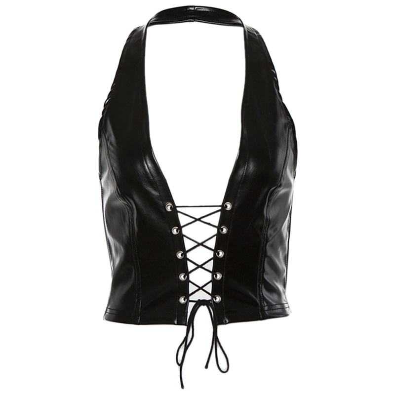 Coo Nữ Punk Không Tay Crop Top Dây Lưng Giả Da Ren Rỗng Áo