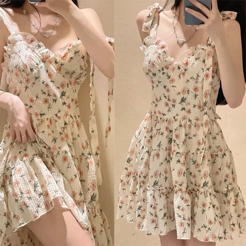 Đầm hoa hai dây thời trang đi biển ngọt ngào cho nữ