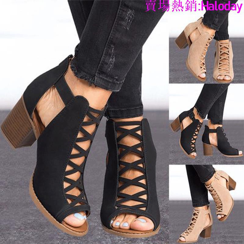 Size Lớn 35-43✨2021 Chunky Gót Cao Gót La Mã Miệng Cá Rỗng Kích Thước Lớn 35-43 Khóa Dây Đeo Dép Thoải Mái Chuyên Nghiệp OL Giày Nữ Công Sở Thời Trang Hợp Thời Trang