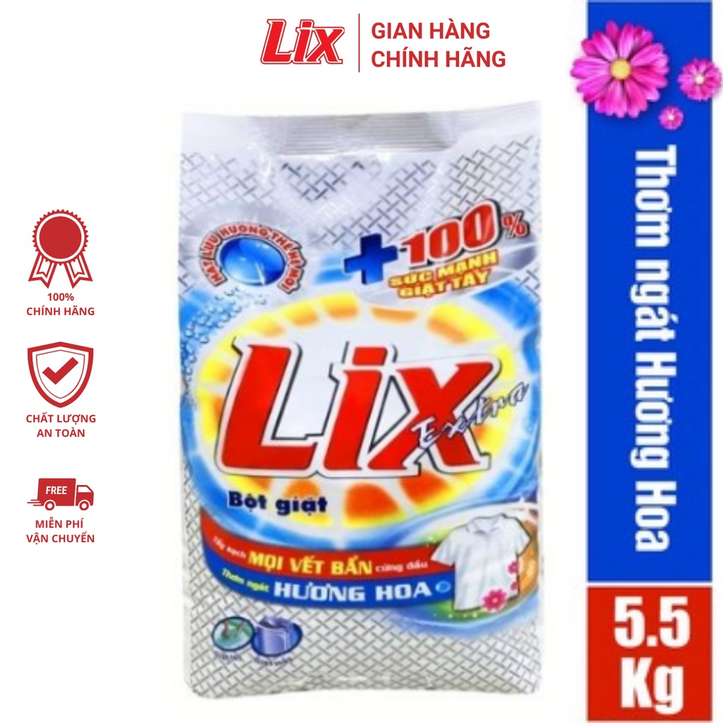 Bột giặt Lix Extra hương hoa 5.5Kg EB568 làm trắng quần áo tăng gấp đôi sức mạnh lưu hương lâu cho giặt tay và máy