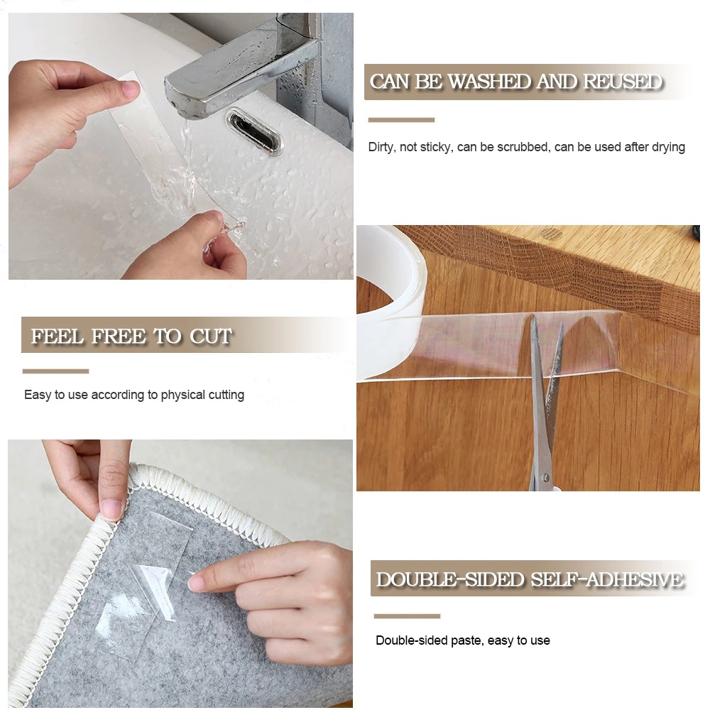 Băng Keo Hai Mặt Nano 1M / 3M Trong Suốt Chống Nước Không Để Lại Dấu Và Giặt Rửa Được
