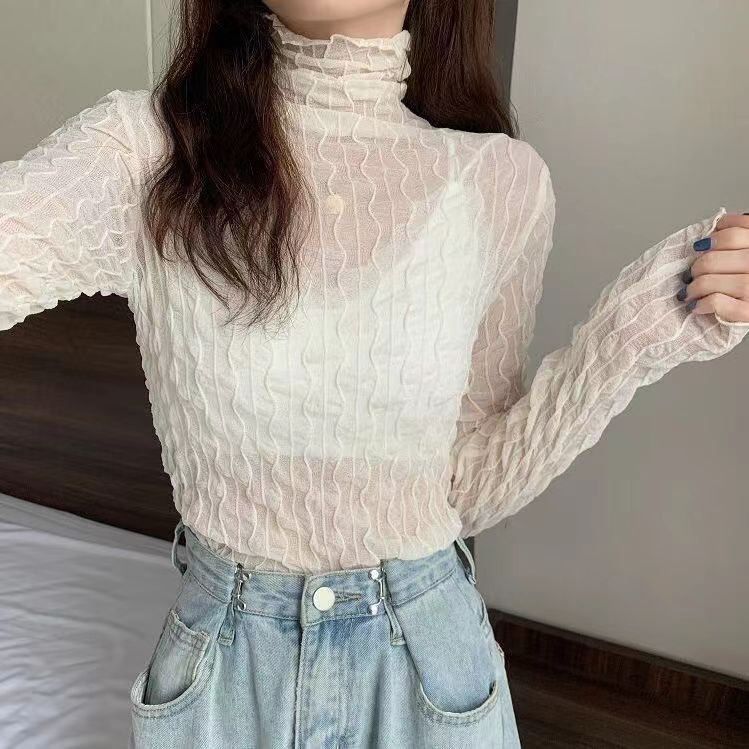 Milyfashion Cổ Cao Lưới Đế Mùa Thu Bên Trong Trận Đấu Phong Cách Mới Trong Suốt Ren Dài Tay T Họa Tiết Vải