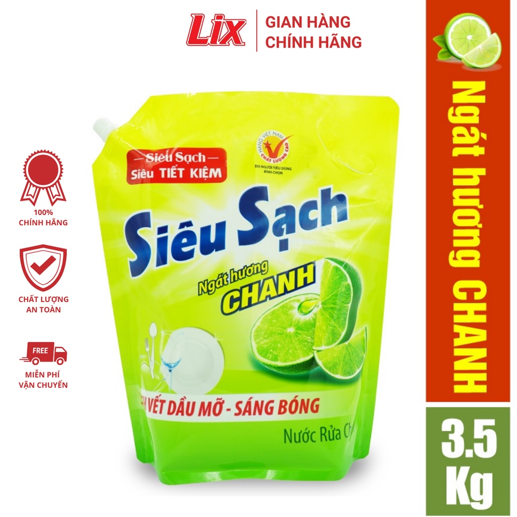 Nước rửa chén LIX 3.5KG siêu sạch hương chanh loại túi N4301 làm sạch vết bẩn dầu mỡ không hại da tay