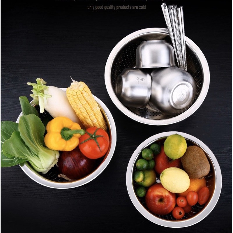 Bộ thau rổ inox 304 loại mờ Cao Cấp đa năng tiện lợi SSGP chậu rổ inox, thau trộn rửa rau, chậu rửa nhiều size -B11