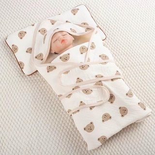 Chăn Ủ Có Mũ Kèm Đai Cotton Organic Xuất Hàn Cho Bé 90x90cm