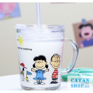 Cốc Thuỷ Tinh Hoạt Hình Pha Sữa Cho Bé, Ly Thủy Tinh Chia Vạch 350ml Nắp Đậy Kín Kèm Ống Hút