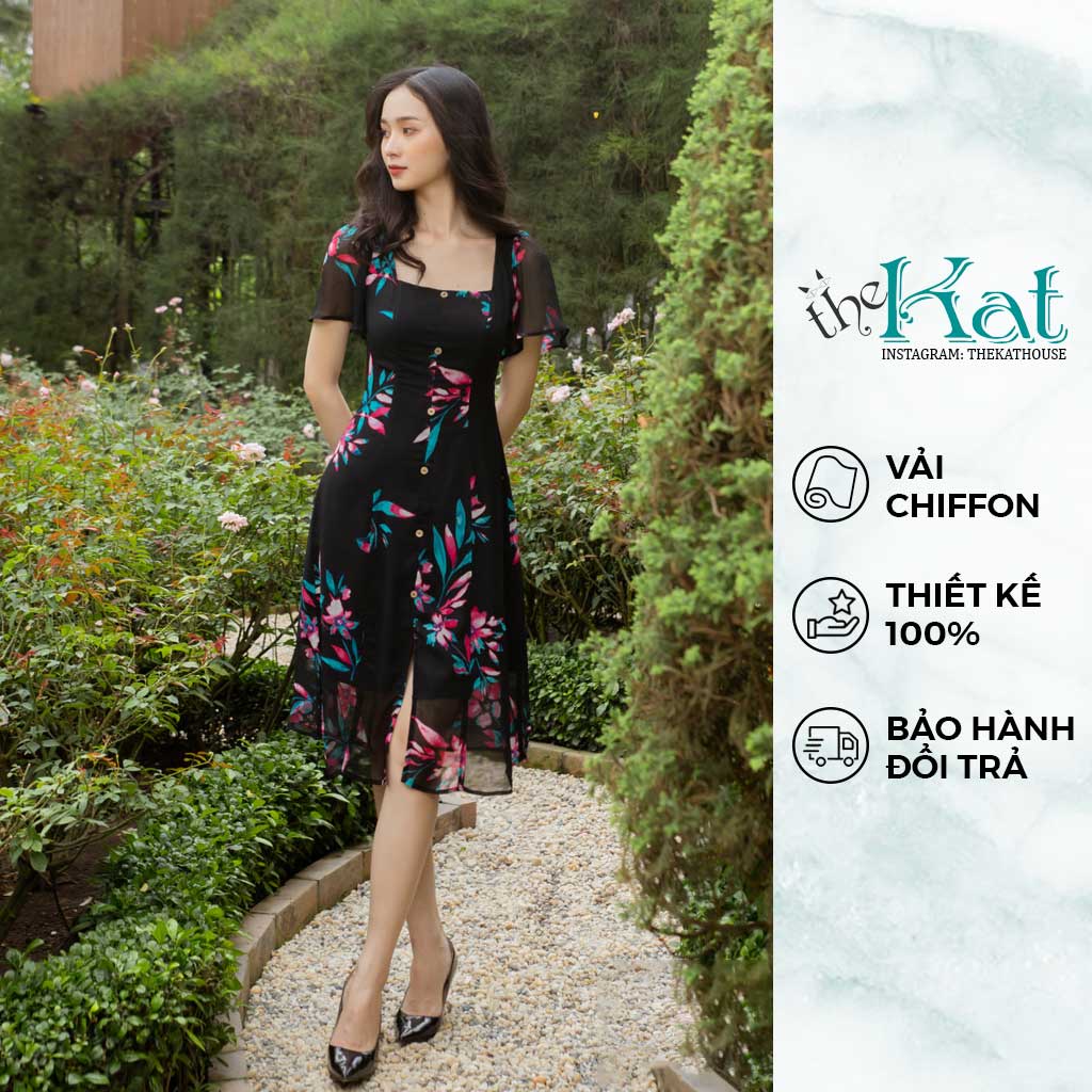 Đầm Hoa Cổ Vuông Xẻ Tà Giữa The Kat House, vải chiffon hoa, mát, ít nhăn, nhiều size, nhiều màu