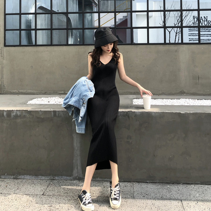 SUXI Đầm dệt kim thiết kế màu trơn trẻ trung cho nữ