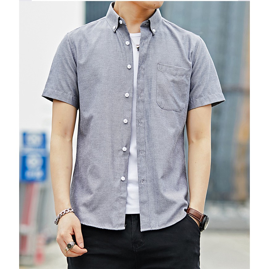 Áo Sơ Mi Tay Ngắn Thời Trang Hàng Sẵn Có Nam Hàn Quốc Thường Ngày Màu Xám Trắng Công Sở Áo Sơ Mi Kurta M-4XL Áo Sơ Mi Trơn