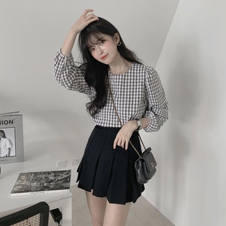 Áo Sơ Mi Nữ Dài Tay Cổ Tròn Sọc Caro Thời Trang Hàn Quốc