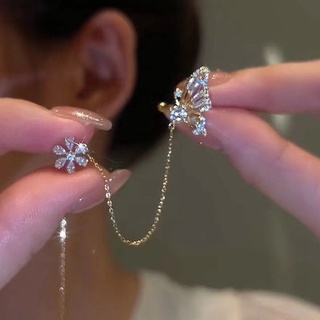 Bông Tai Tích Hợp Kẹp Vành Tai Họa Tiết Hoa Và Bướm Độc Đáo Thời Trang