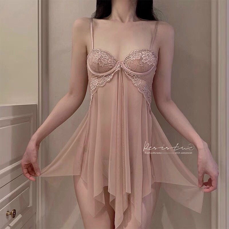 Váy ngủ lụa 2 dây voan xuyêu thấu kèm gọng ngực sexy QCCC- váy xuyên thấu gợi cảm quyến rũ