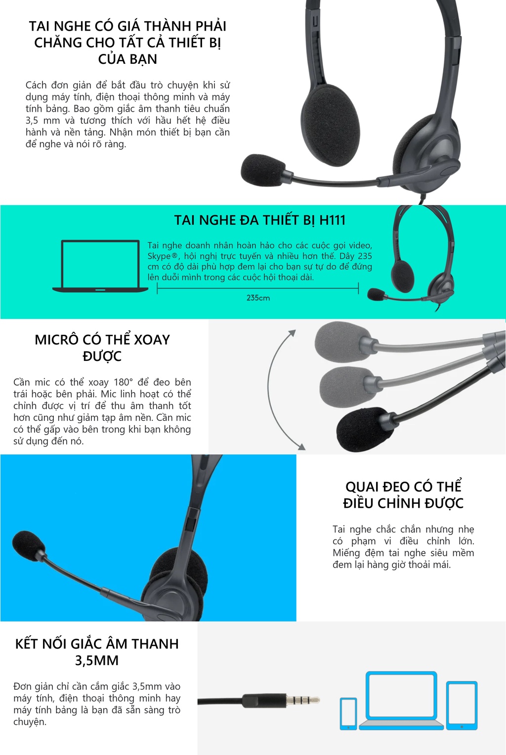 Mô tả Tai nghe chụp tai Logitech H111 - 1 jack 3.5mm, Mic khử giảm tiếng ồn, âm thanh nổi - 1