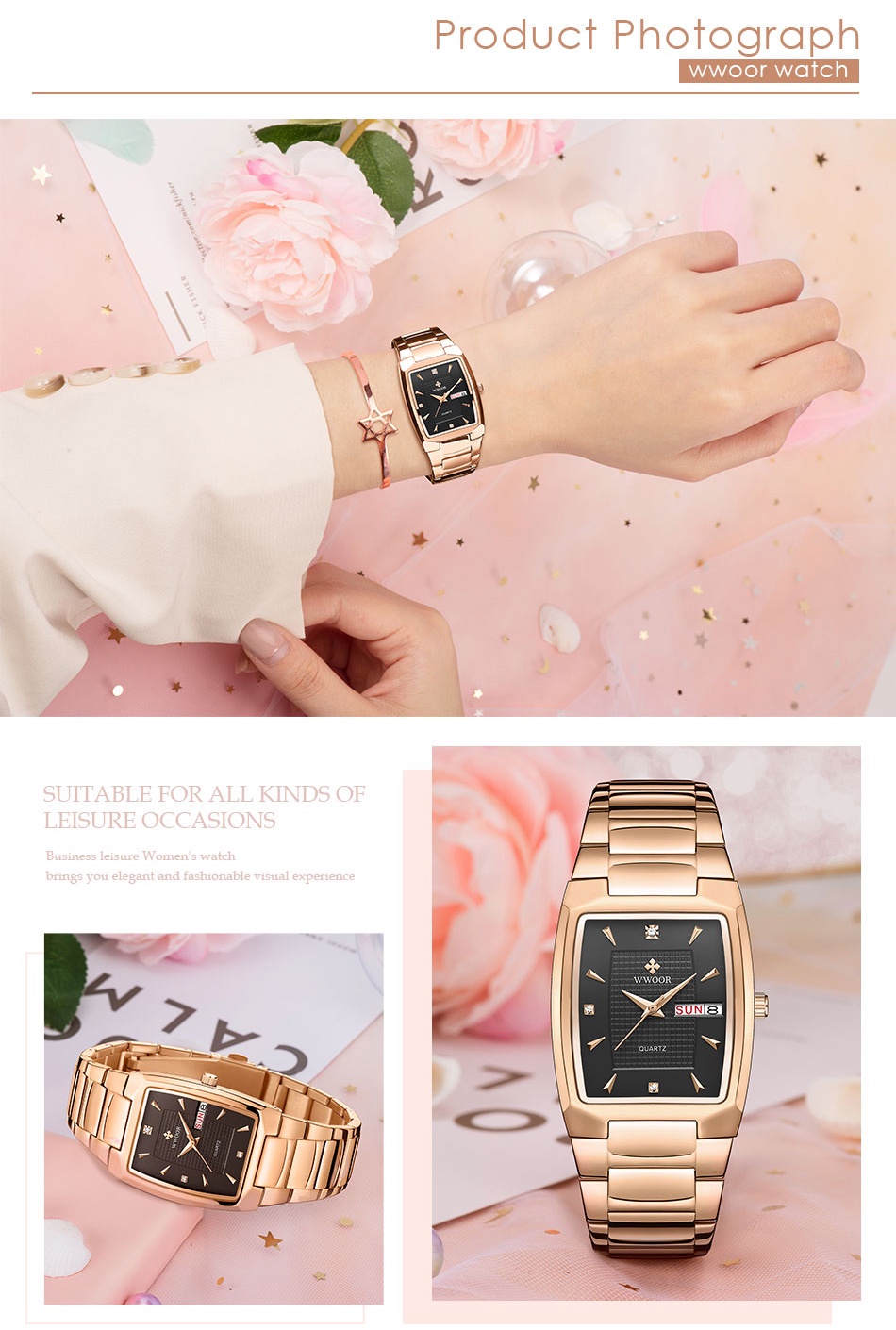 Mô tả Đồng Hồ Đeo Tay WWOOR Mặt Vuông Màu Vàng Đồng Thời Trang 2022 Dành Cho Nữ Relogio Feminino-8837 - 9