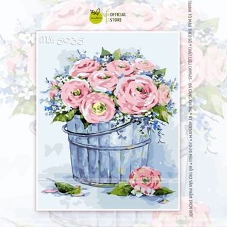 Tranh tô màu số hóa Madoca có khung 40x50cm đóa hoa hồng bình gỗ T5035