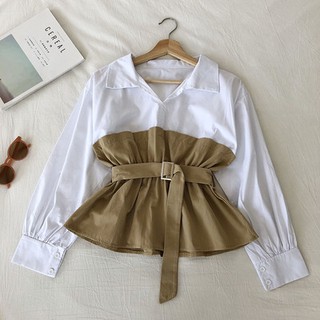 Phong cách hàn quốc nữ nữ dài tay eo áo sơ mi áo baju wanita lengan panjang + thắt lưng
