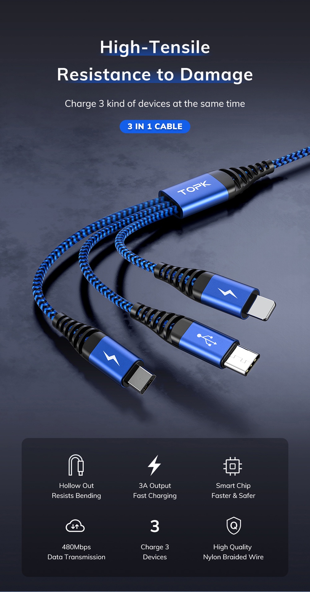Cáp sạc nhanh TOPK AN24 3 trong 1