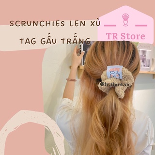 Scrunchies len xù tag gấu trắng